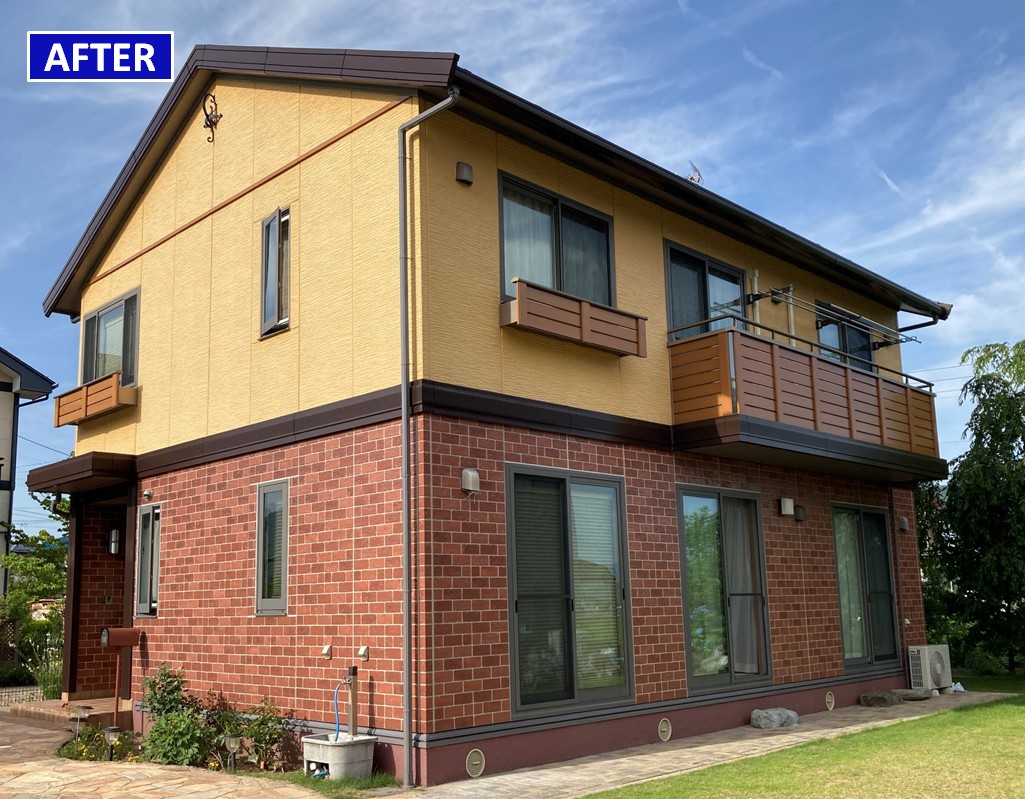 大町市　戸建て住宅　外壁屋根塗装　多彩模様吹付塗装　施工後