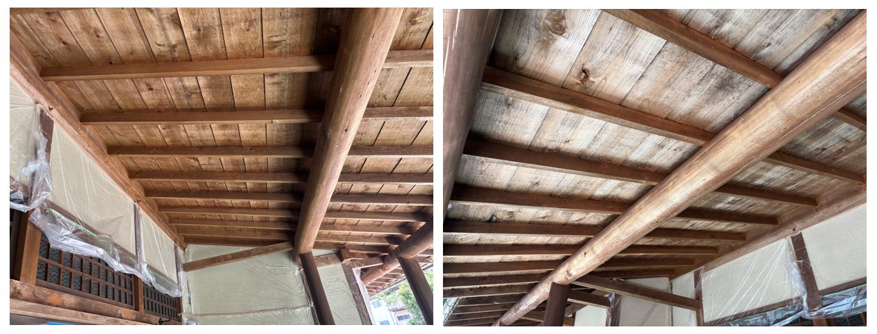 朝日村木部塗装　軒天サンダー研磨完了後の状態