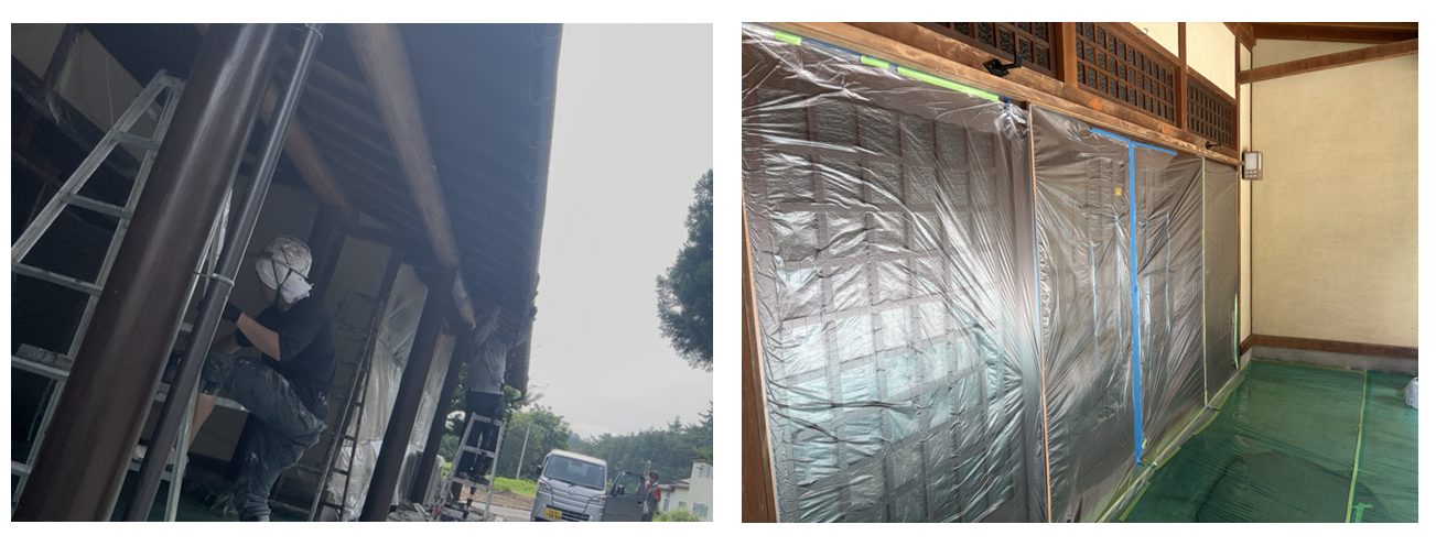 朝日村木部塗装　軒天・柱塗装作業中の様子