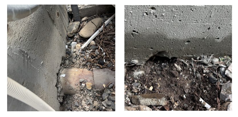 雨漏れ調査で確認された立上り基礎の開口部と配管周りの隙間の調査写真