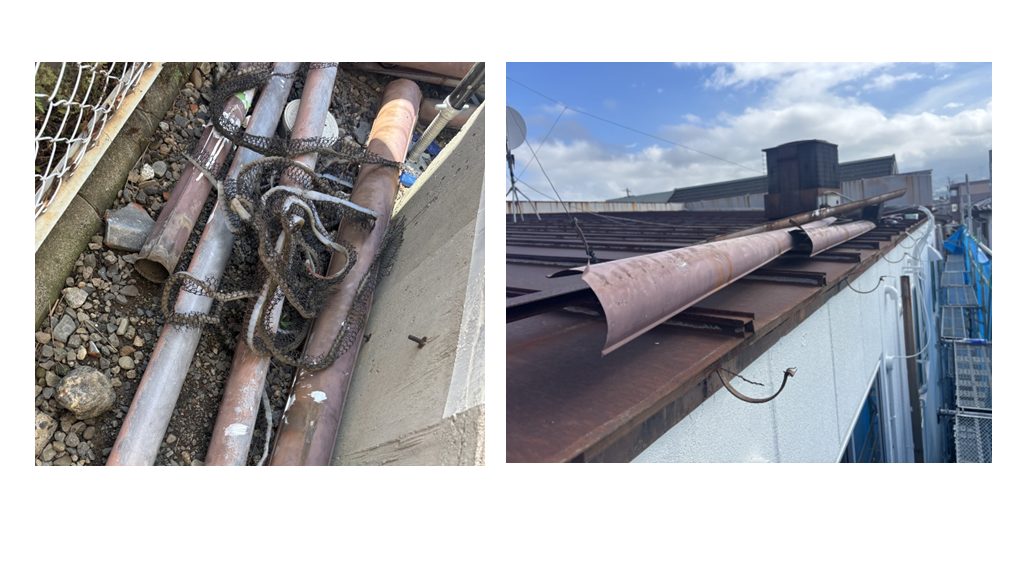 調査の結果、雨樋内部にゴミが蓄積し、樋自体も劣化・変形していたため、雨水が正常に流れない状態でした。清掃や部分補修では改善が見込めないため、劣化した雨樋は撤去する判断となりました。